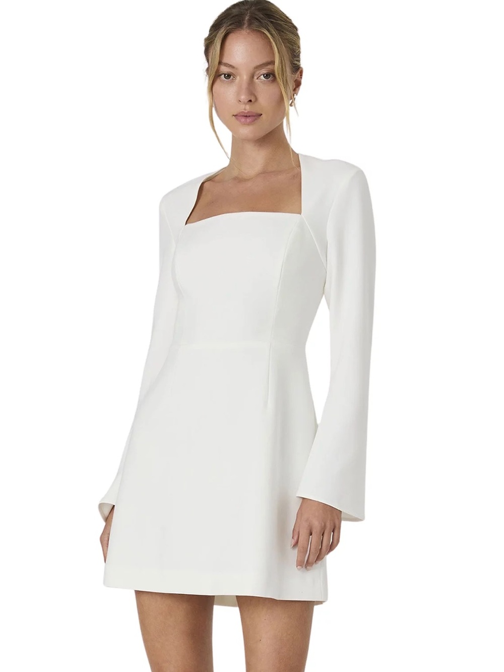 French Connection White Square-Neck Long Sleeve Mini Dress